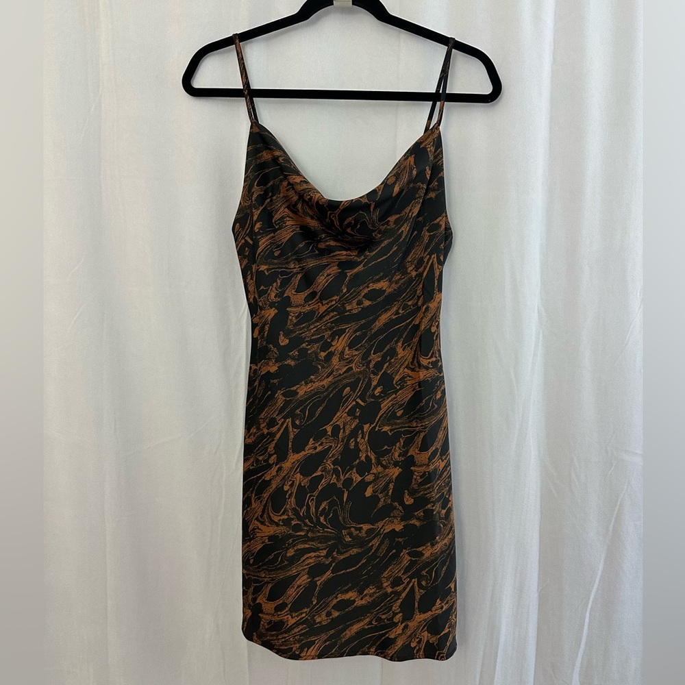 UO Mallory Black & Brown Marble Cowl Neck Slip Mini Dress Womens Size S